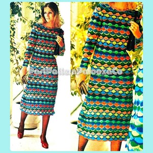 May include: A long-sleeved, knee-length dress with a colorful, textured pattern. The dress features a repeating design of overlapping shapes in shades of blue, green, orange, and yellow. The text "PastPatternPaloozaCo" is visible on the dress.