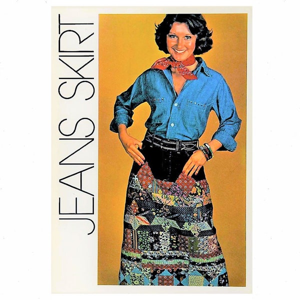 Vintage Sewing Pattern Womens Long Patchwork Denim Jean Skirt Gingham Calico Patches PDF Instant Digital Download Retro 70s Boho Hippie Chic