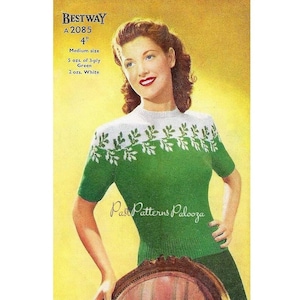 Vintage Knitting Pattern Womens Fair Isle Leave Yoke Sweater Jumper PDF Instant Digital Download Pretty Pullover 3 Ply