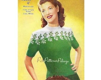 Vintage Knitting Pattern Womens Fair Isle Leave Yoke Sweater Jumper PDF Instant Digital Download Pretty Pullover 3 Ply