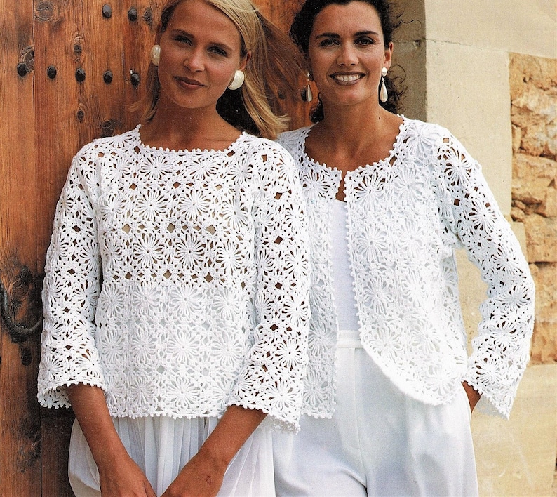 Vintage Crochet Pattern Womens Summer Tops Lace Granny Square Motif Top & Jacket Vest Short Long Sleeves PDF Instant Digital Download 4 Ply image 2