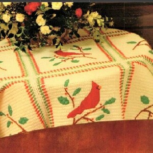 Vintage Crochet Pattern Calico Cardinal Birds Holly Holiday Set Afghan Pillow Table Runner Place Mats Christmas PDF Instant Digital Download image 2