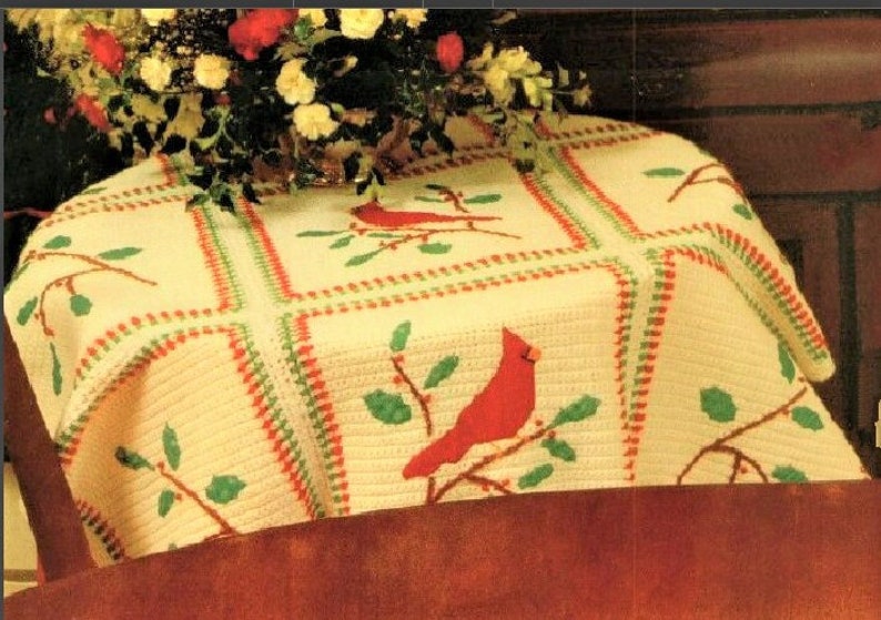 Vintage Crochet Pattern Calico Cardinal Birds Holly Holiday Set Afghan Pillow Table Runner Place Mats Christmas PDF Instant Digital Download image 2