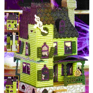Vintage Plastic Canvas Pattern 15&quot; Green Halloween Haunted House Mansion PDF Instant Digital Download Spooky Holiday Decor