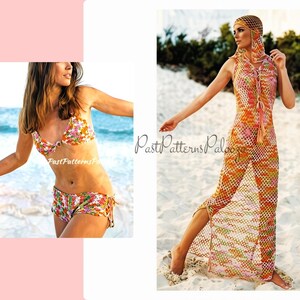 May include: A multi-colored floral crochet bikini set consisting of a triangle top and shorts, alongside a matching sleeveless crochet maxi dress with a lace-up front and a coordinating head covering, all featuring the text PastPatternsPalooza.