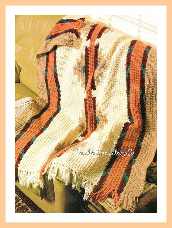Vintage Crochet Afghan Pattern Striped Navajo Indian Blanket PDF Instant Digital Download Southwestern Throw 10 Ply
