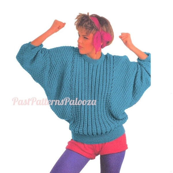 Vintage Knitting Pattern Womens Retro Dolman Batwing Sweater Loose Roomy Faux Cable Jumper PDF Instant Digital Download DK Yarn