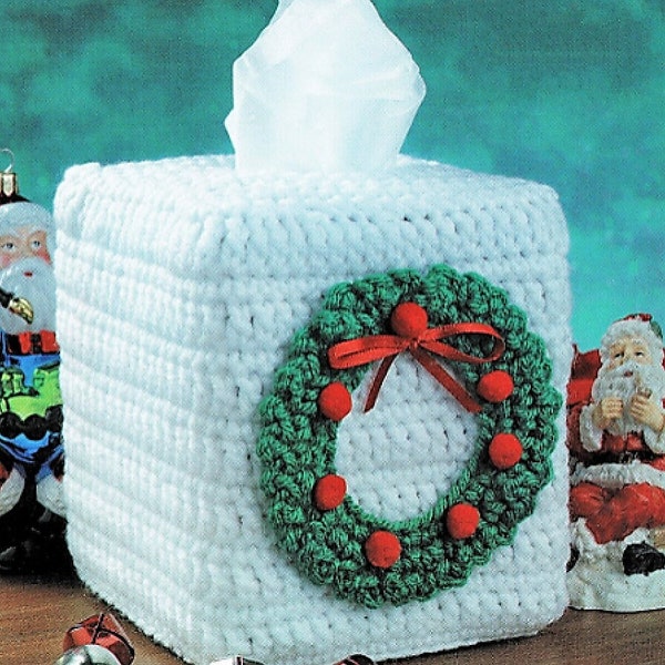 Vintage Crochet Pattern Christmas Wreath Tissue Box Cover Topper PDF Instant Digital Download  Holiday Holder 10 Ply