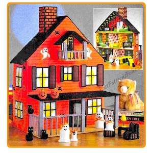 Vintage Plastic Canvas Pattern Large 19&quot; Halloween Haunted Mansion Dollhouse PDF Instant Digital Download Ghost Family Interactive Playset