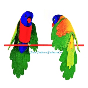 Op de afbeelding: Twee kleurrijke viltpapegaaien zitten op een rode tak. De papegaai links is rood, blauw en groen. De papegaai rechts is groen, oranje en geel.