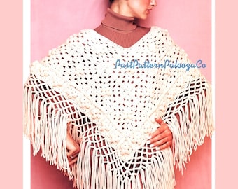 Vintage Crochet Pattern Womens Fringed Granny Square Poncho PDF Instant Digital Download 1970s Boho Hippie Chic Cape 10 Ply