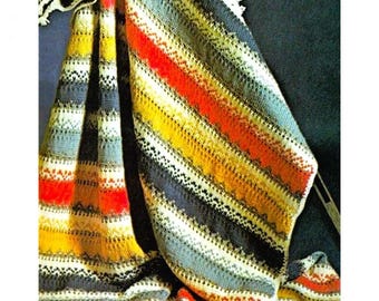 Vintage Knitting Afghan Pattern Tribal Stripes Blanket PDF Instant Digital Download Southwestern Throw Braided Fringe 10 Ply