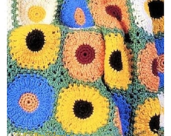 Vintage Crochet Pattern Sunny Sunflowers Afghan PDF Instant Digital Download Colorful Sunflower Motif Blanket 47x62 10 Ply