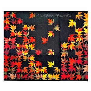 May include: A quilt featuring a black background with a pattern of scattered maple leaves in shades of red, orange, and yellow. The fabric displays intricate stitched line details throughout the black sections and the text PastPatternPaloozaCo.