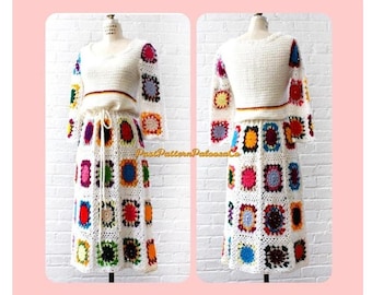 Vintage Crochet Pattern Womens Rainbow Granny Square Maxi Dress PDF Instant Digital Download Groovy Boho Long Festival Gown 5 Ply