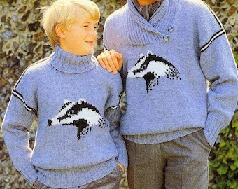 Vintage Knit Badger Pullover Sweater Knitting Pattern Mens Crossover Neck Sweater Boys Turtleneck Sweater PDF Instant Digital Download