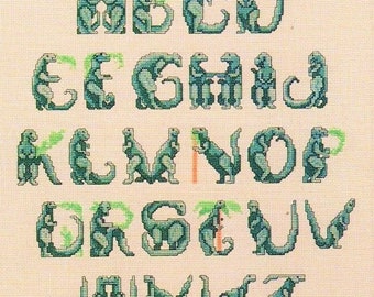 Vintage Cross Stitch Pattern Dinosaur Alphabet Font ABCs PDF Instant Digital Download Fun Prehistoric Letters Embroidery