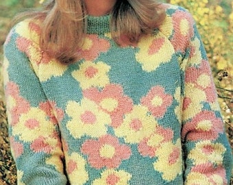 Vintage Knitting Pattern Womens Spring Flower Motif Pullover