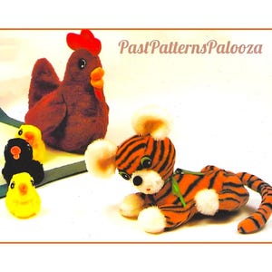 May include: A brown plush chicken with a red comb and orange beak, two small yellow chicks, one black chick, and a plush tiger with orange and black stripes, white paws, and white ears. The text PastPatternsPalooza is visible in the upper right.