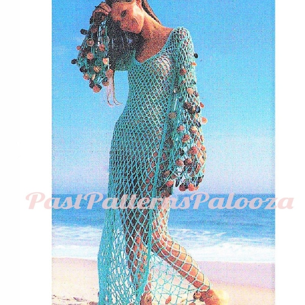 Vintage motif plage couvrir tunique robe longue au crochet PDF Téléchargement numérique instantané des années 70 Boho Boho dentelle maille déesse de la mer coquillages