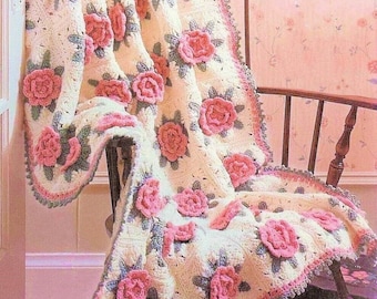 Vintage Crochet Pattern Victorian Rose Granny Square Afghan PDF Instant Digital Download Pretty Flower Motif Blanket 10 Ply