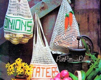 Vintage Crochet Pattern Mesh Produce String Bags Onions Taters Carrot Keepers Shopping Totes PDF Instant Digital Download Cotton Thread