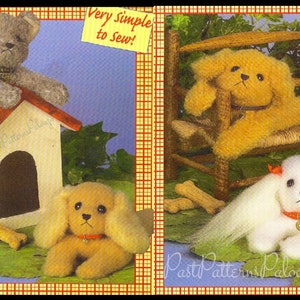 May include: Vintage bean bag puppy sewing patterns. The image shows three plush toy puppies, one in a dog house, one on a chair, and one on the ground. The text "Vintage Bean Bag Puppies Patterns" is on a yellow note.
