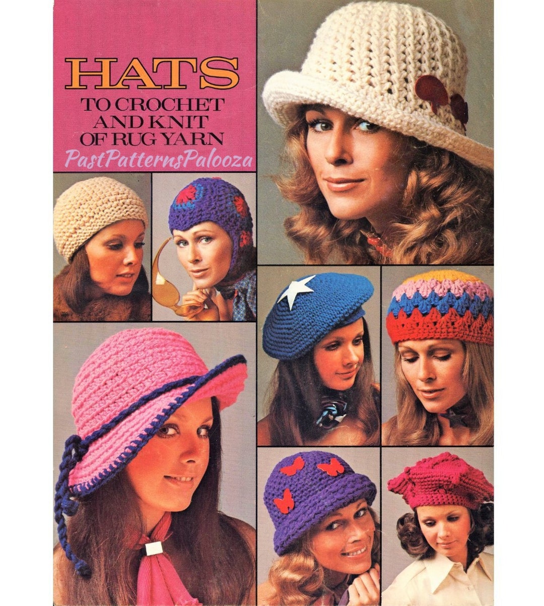 帽子 70'S Vintage Love&Flower pattern hat Vintage Crochet Pattern Eight Womens Hats Retro '70s and One to