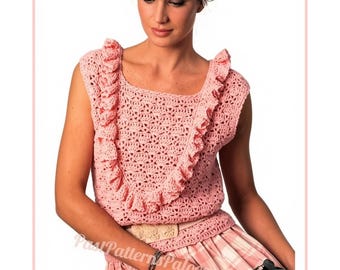 Vintage Crochet Pattern Womens Romantic Scoop Ruffle Summer Blouse Shell Top PDF Instant Digital Download Sleeveless Feminine DK
