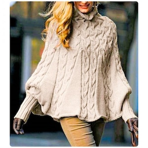 Vintage Knitting Pattern Womens Aran Cable Cabled Poncho Swing Sweater Design PDF Instant Digital Download 10 Ply