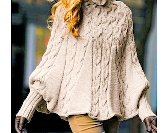 Vintage Knitting Pattern Womens Aran Cable Cabled Poncho Swing Sweater Design PDF Instant Digital Download 10 Ply
