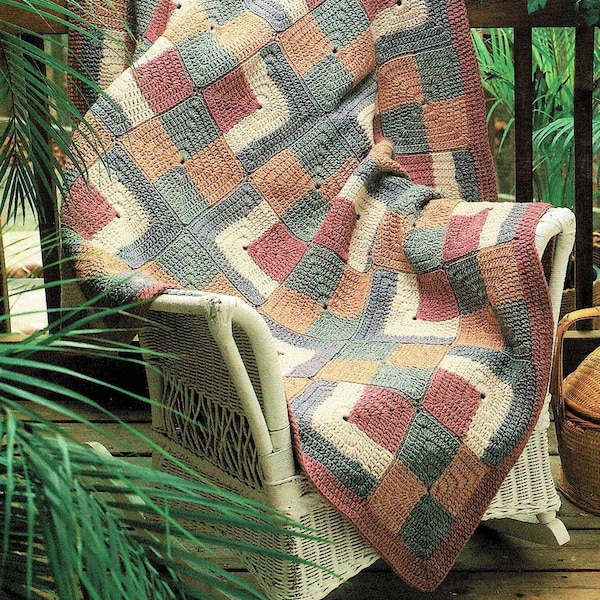 Vintage Crochet Pattern Beautiful Log Cabin Squares Afghan PDF Instant Digital Download Patchwork Quilt Blocks Design Blanket 48x64 10 Ply