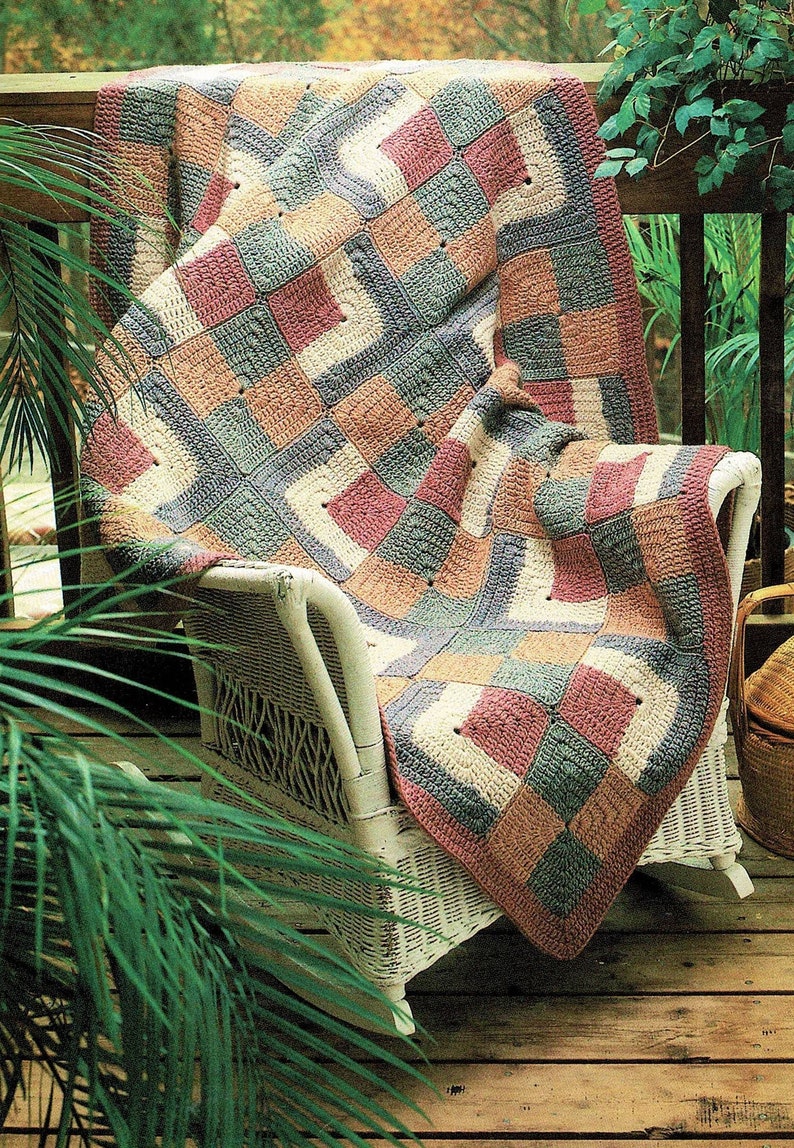 Vintage Crochet Pattern Beautiful Log Cabin Squares Afghan PDF Instant Digital Download Patchwork Quilt Blocks Design Blanket 48x64 10 Ply image 1