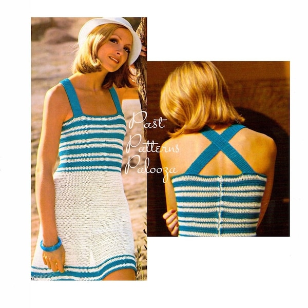 Vintage Crochet Pattern Womens Crossover Back Sundress Striped Summer Beach Dress PDF Instant Digital Download DK