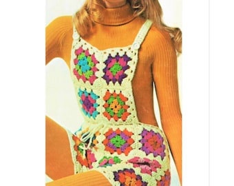 Vintage Crochet Patrón Abuela Cuadrados Shortalls Monos PDF Descarga Digital Instantánea Retro 70s Boho Bib Shorts Groovy Hippie Wear