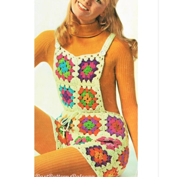 Vintage Crochet Pattern Granny Squares Shortalls Overalls PDF Instant Digital Download Retro 70s Boho Bib Shorts Groovy Hippie Wear