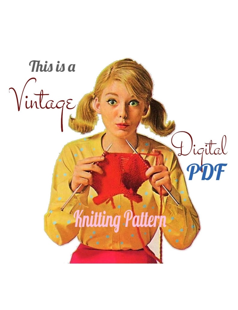 Peut inclure: Un mod&egrave;le de tricot vintage au format PDF num&eacute;rique. L'image montre une femme avec des couettes qui tricote une &eacute;charpe rouge.