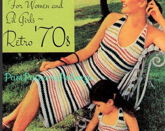 Vintage Crochet Patterns Womens Girls Stripe Banded Maxi Halter Dress PDF Instant Digital Download Groovy Mod Boho Chic 5 Ply