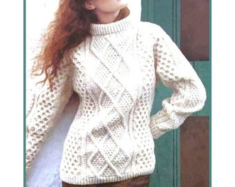 Vintage Knitting Pattern Aran Irish Pullover Sweater PDF Instant Digital Download Trellis Cabled Front Womens Mens