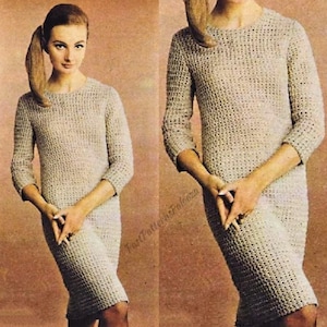 May include: A crochet dress with a loose fit and a round neckline. The dress is made with a textured stitch and has three-quarter sleeves.
