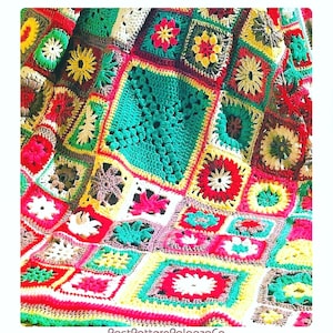 May include: A handmade crochet blanket featuring a vibrant patchwork of multicolored square motifs. The design includes various floral and star patterns in shades of teal, yellow, red, white, and pink, joined together to form a textured textile.