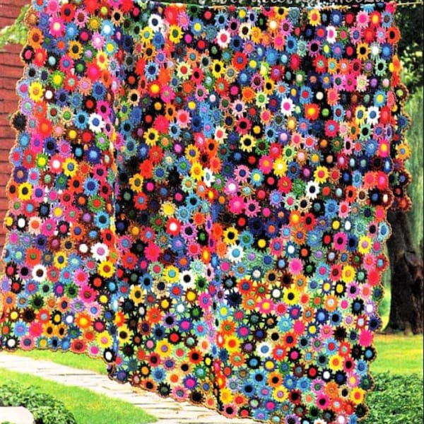 Vintage Crochet Pattern Pretty Field of Meadow Flowers Afghan Pattern PDF Instant Digital Download Floral Motifs Large Blanket 83x98 10 Ply