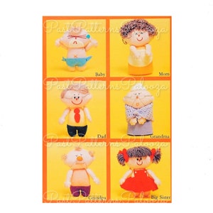 May include: A set of six felt doll patterns for a family of six. The dolls are all different colors and have different facial expressions. The patterns include a baby, mom, dad, grandma, grandpa, and big sister.