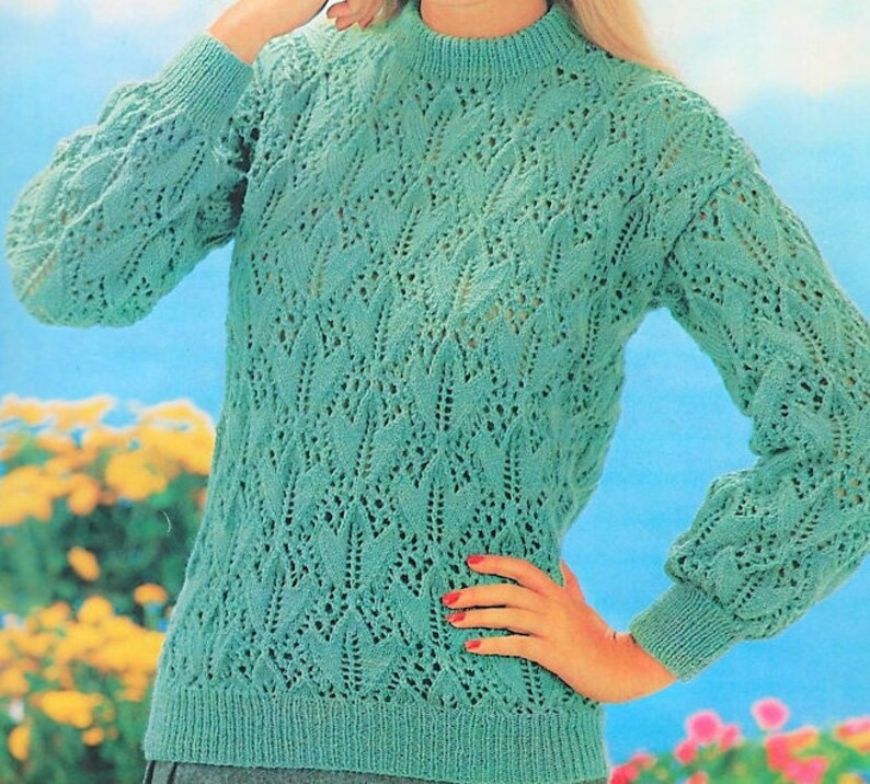 Vintage Knitting Pattern Womens Ivy Leaf Stitch Lacy Knit Pullover Sweater Jumper Top PDF Instant Digital Download Long Sleeved 4 Ply image 2