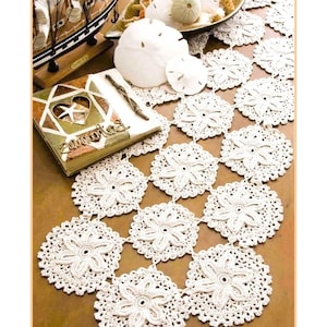 Vintage Crochet Pattern Sand Dollar Motif Table Runner Centerpiece PDF Instant Digital Download Coastal Seaside Nautical Decor 12x30