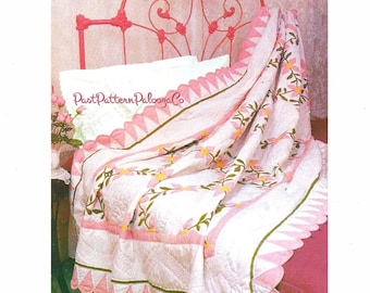 Vintage Sewing Pattern Pink Dogwood Bed Quilt Instant Digital Download Appliqued Flowering Tree Vines Bedspread