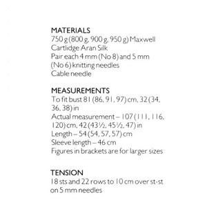 May include: A white page with black text detailing knitting instructions. The text includes materials, measurements in centimeters and inches, and tension information. The measurements include bust, actual measurement, length, and sleeve length.