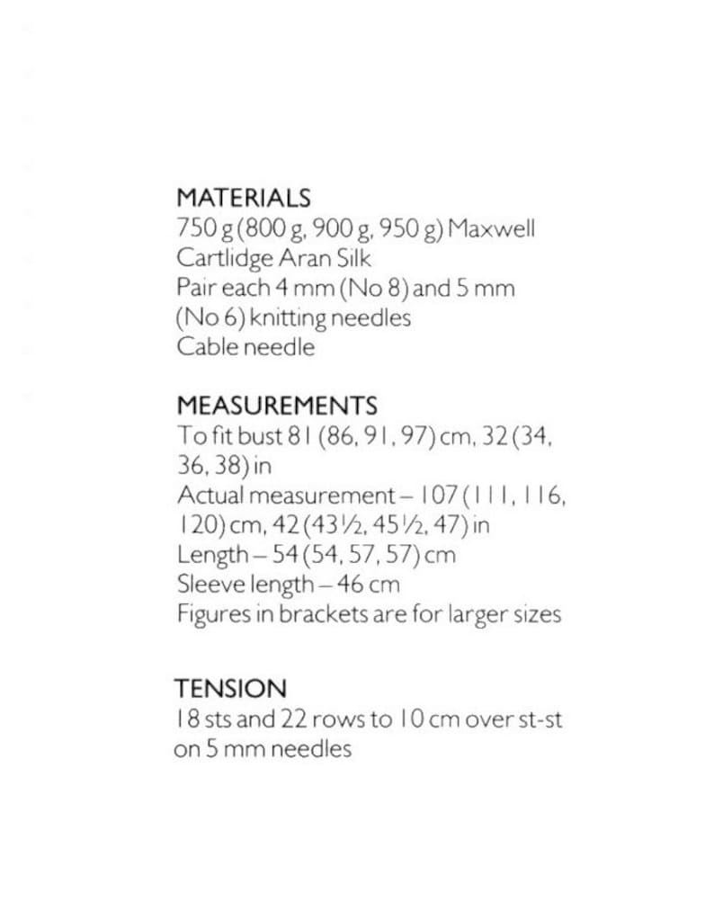 May include: A white page with black text detailing knitting instructions. The text includes materials, measurements in centimeters and inches, and tension information. The measurements include bust, actual measurement, length, and sleeve length.