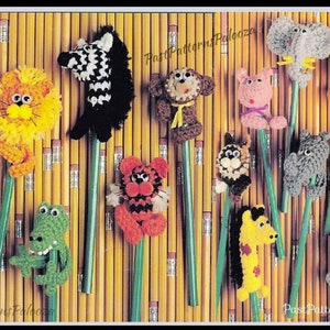 Vintage Crochet Animal Pencil Toppers Pattern PDF Instant Digital Download Amigurumi Critters Pencil Decorations 19 Designs 10 Ply