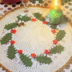 Vintage Crochet Pattern 13" Christmas Holly Doily Mat PDF Instant Digital Download Leaves Berries Motifs Holiday Table Decor Centerpiece